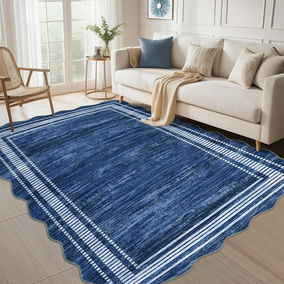 Hasoo Navy Wavy Border Area Rug for Living Room Indoor Bedroom Soft Textured 5' x 7' Carpet with Non-Slip Backing