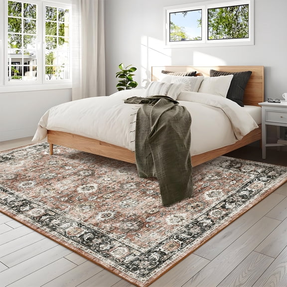 Hasoo Orange/Pink Washable Area Rugs 5' x 7' Rug for Living Room Floral Modern Non Slip Throw Indoor Carpet