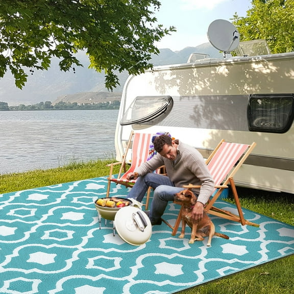 Hasoo Outdoor Rug Portable Premium Plastic Geometric Floral Pattern for Large Patio Deck Sunroom RV Camping Blue 8 x 10 ft