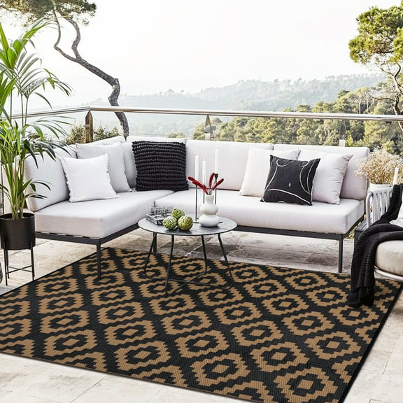 Hasoo Outdoor Rug Portable Premium Recycled Plastic Geometric Pattern for Large Patio Deck Sunroom RV Camping Black & Brown 9 x 18 ft
