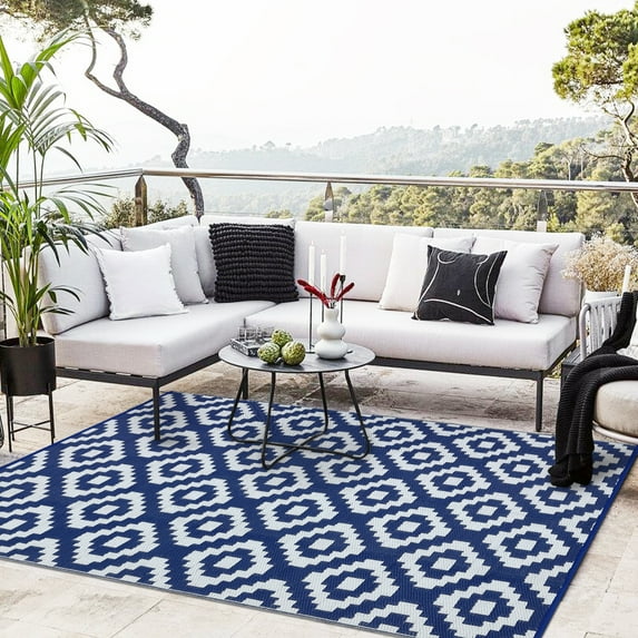 Hasoo Outdoor Rug Portable Premium Recycled Plastic Geometric Pattern for Large Patio Deck Sunroom RV Camping Navy 9 x 18 ft