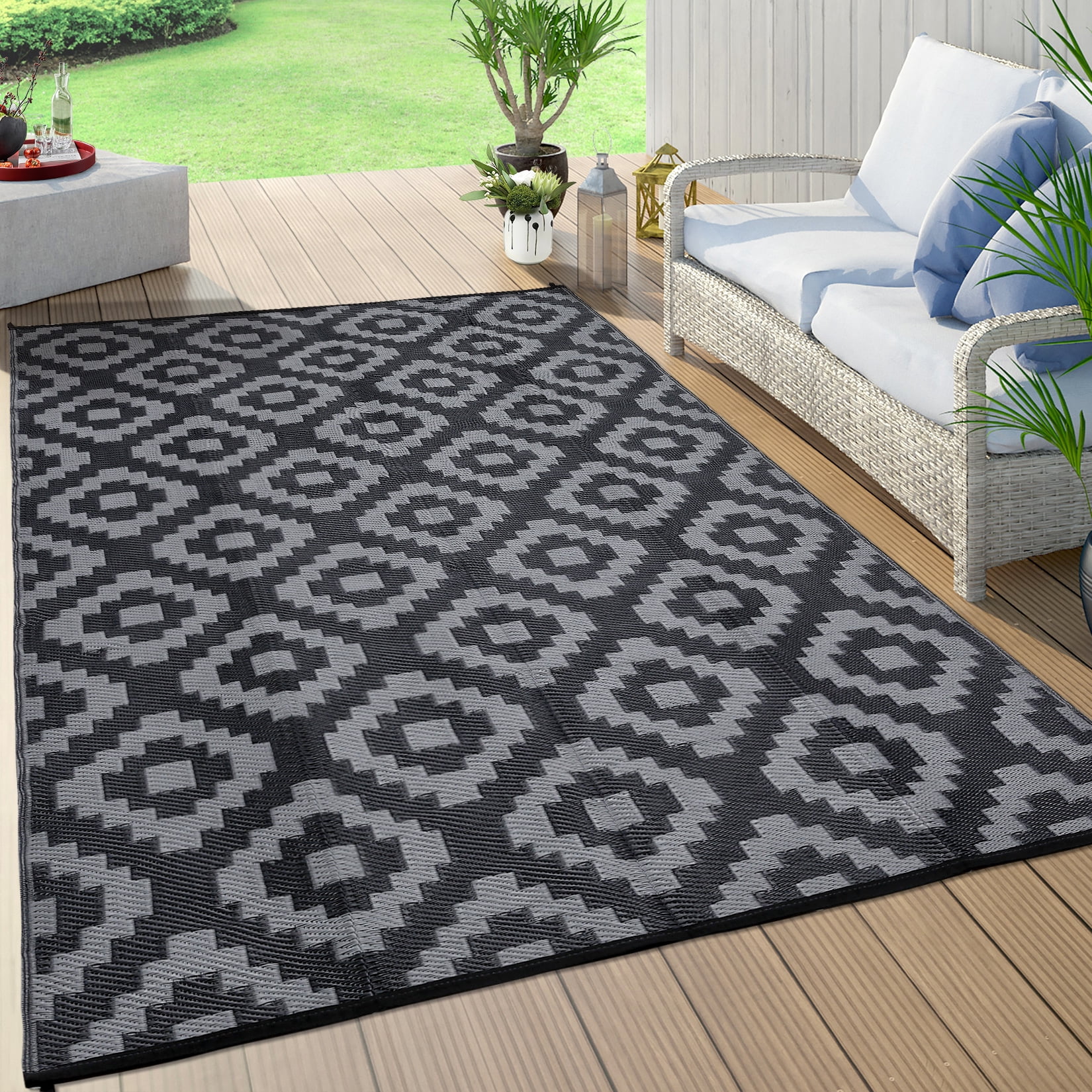 Hasoo Outdoor Rug Waterproof Premium Recycled Plastic Geometric Pattern for Patio Porch Deck Balcony Black & Gray 6 x 9 ft
