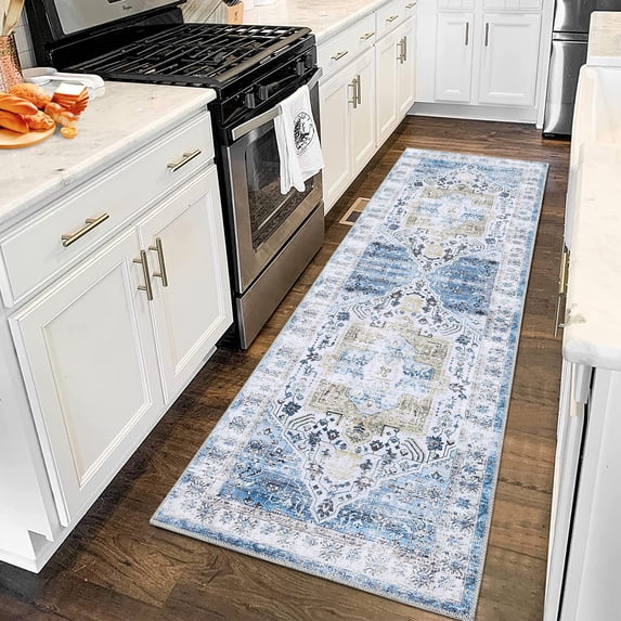 Hasoo Persian Runner Washable Non-Skid Area Rug, Blue, 2' x 6'
