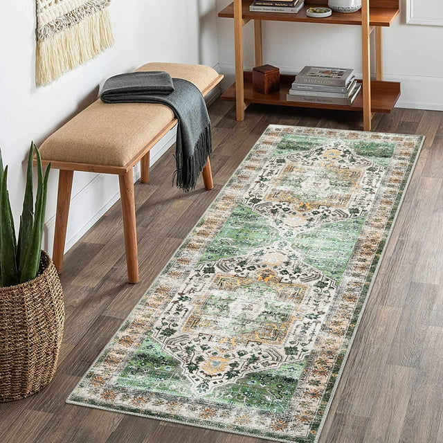 Hasoo Persian Runner Washable Non-Skid Area Rug Green, 2' x 6'