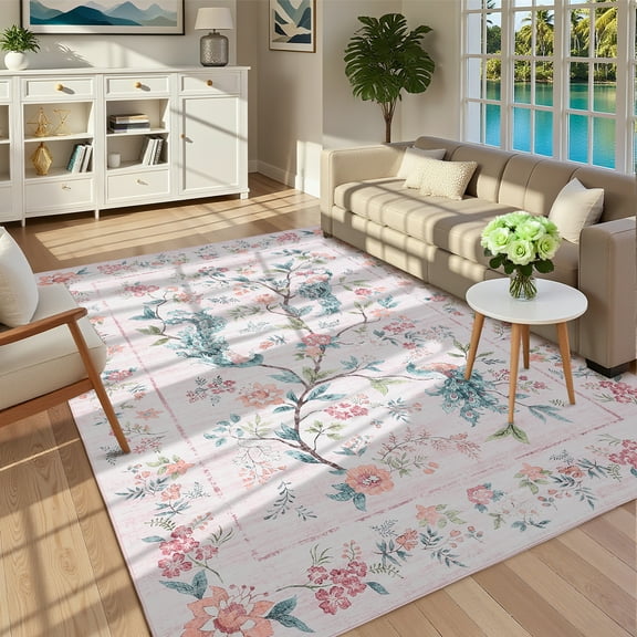 Hasoo Pink Area Rugs 8x10 for Living Room Floral Peacock Large Washable Indoor Soft Non Slip Floor Carpet