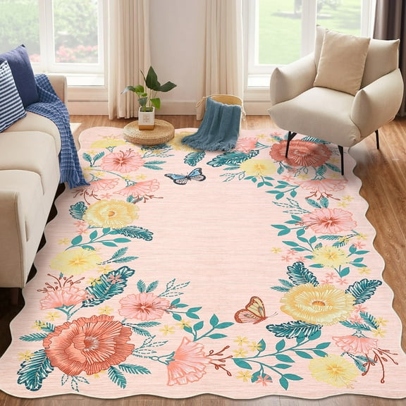 Hasoo Pink Wavy Border Area Rug for Dining Room Indoor Bedroom Soft Textured 8' x 10' Carpet Stain-Resistant