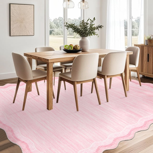 Hasoo Pink Wavy Border Area Rug for Dining Room Indoor Bedroom Soft Textured 8' x 10' Carpet Stain-Resistant