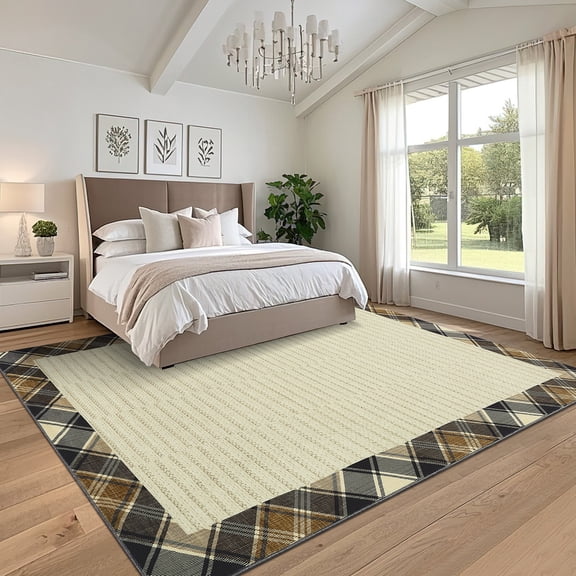 Hasoo Plaid Washable Area Rug for Living Room Dorm Non Slip Indoor Geometric Bordered Throw Carpet, 9' x 12' Yellow