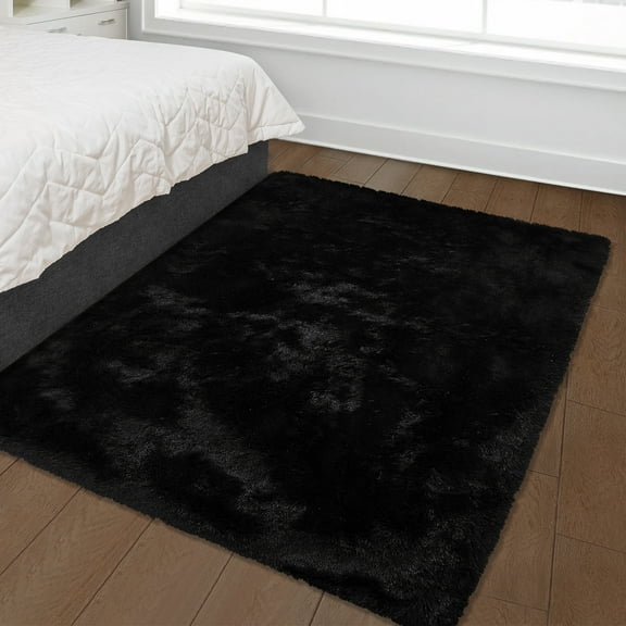 Hasoo Plush Polyester Shag Area Rug 3'x 5' Fluffy Decorative Rug for Indoor Home Floor Carpet, Black