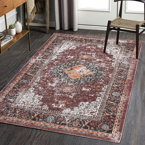 Hasoo Red 6x9 Washable Rug Living Room Vintage Rug Traditional Rug Oriental Medallion Rug