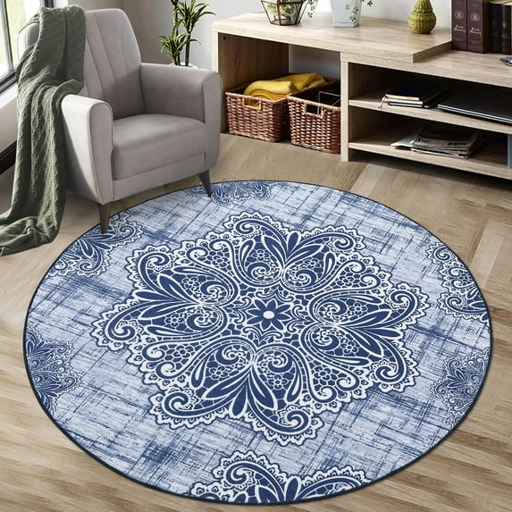 Hasoo Round Area Rug 4' x 4' Non-Slip Carpet for Living Room Bathroom Kitchen Bedroom Blue
