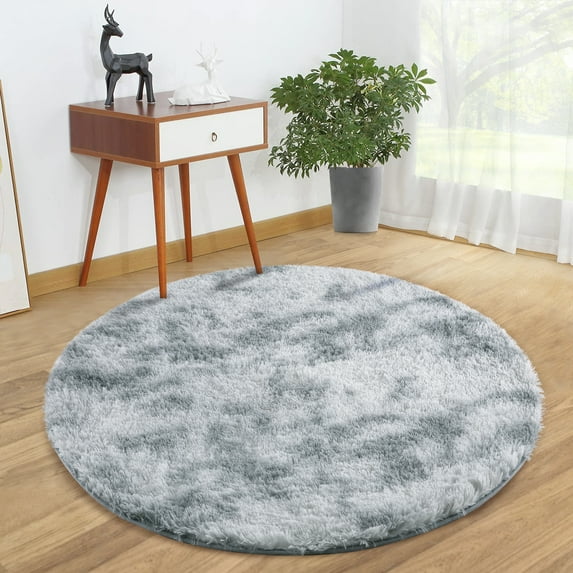 Hasoo Round Rugs 5ft Shag Indoor Plush and Thick Faux Fur Shag Rug Non-Slip Carpet for Living Room, Light Gray