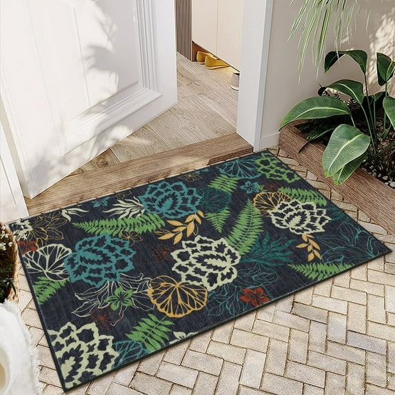 Hasoo Rug 2' x 3' Area Rug Door Mat Floor Mat for Kitchen Entry Living Room Bedroom Bath Indoor Rug Non-Slip Foldable Floral Print Vintage Small Rug Green/Gray