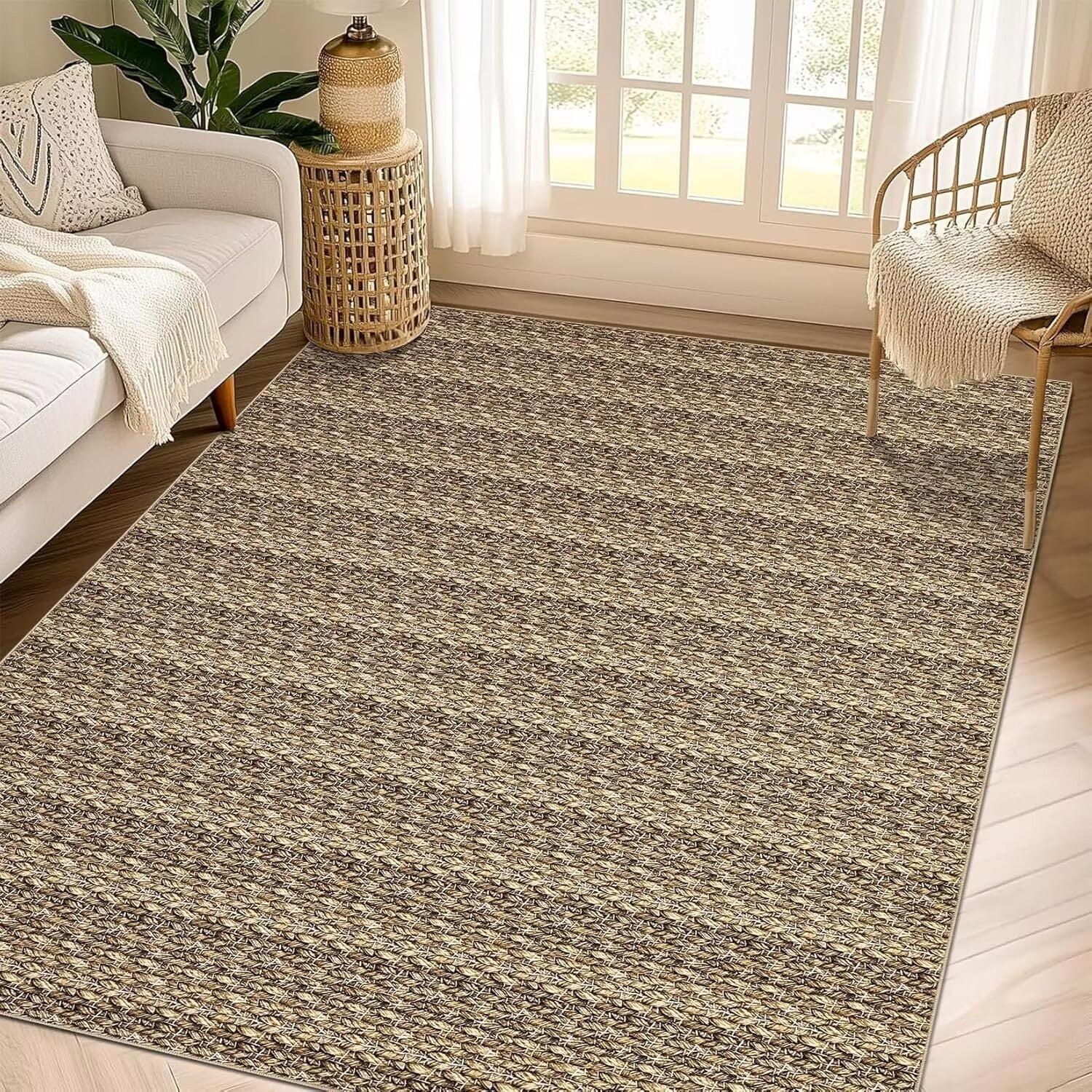 Hasoo Rugs for Living Room 8' x 10' Washable Area Rug Non Slip Accent Rug Modern Solid Print Carpet Rug Low Pile Throw Rug for Bedroom, Brown