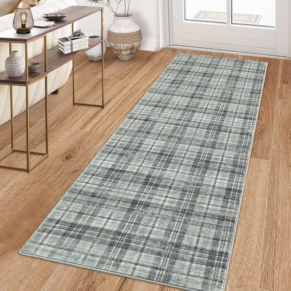 Hasoo Runner 2' x 6' Geometric Grid Throw Rug with Rubber Backing Kitchen Rug Soft No Shedding Floor Mat, Green
