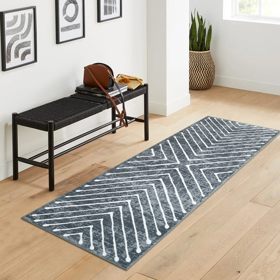 Hasoo Runner 2' x 6' Washable Rug for Hallway Indoor Striped Geometrical Carpet Modern Rug, Dark Gray