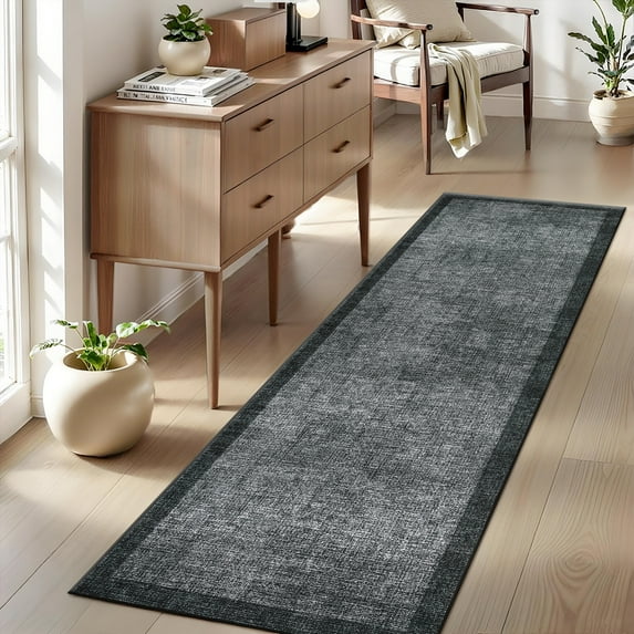 Hasoo Runner Neutral Geometric Border Rug 2x6 Non-Slip Washable Low Pile Solid Print for Kitchen Indoor Gray