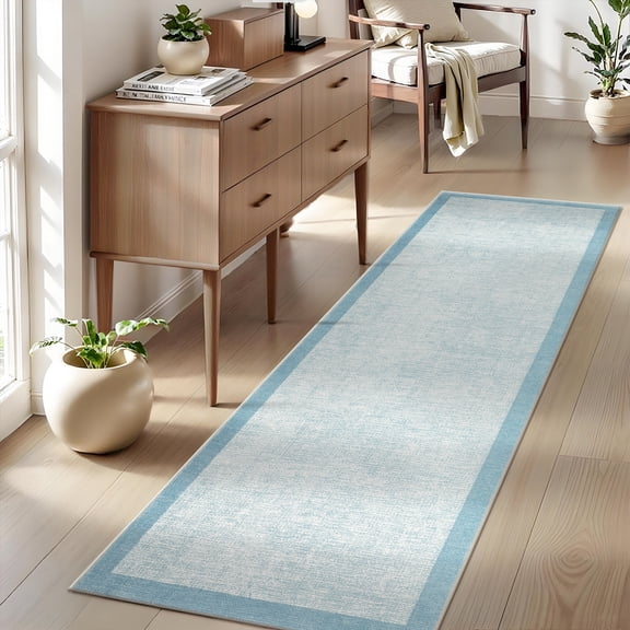 Hasoo Runner Neutral Geometric Border Rug 2x6 Non-Slip Washable Low Pile Solid Print for Kitchen Indoor Light Blue