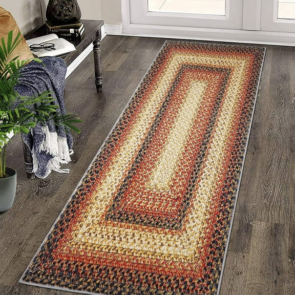 Hasoo Runner Rug 2' x 10' Red Imitation Braided Rug, Non-Slip Hallway Runner Rug, Kitchen Mat Laundry Entryway Carpet for Doorway