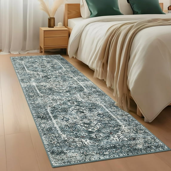 Hasoo Runner Rug 2' x 6' Oriental Area Rug Washable Carpet for Bedroom Runner Rug Rubber Backing for Hallway Kitchen Blue/Green