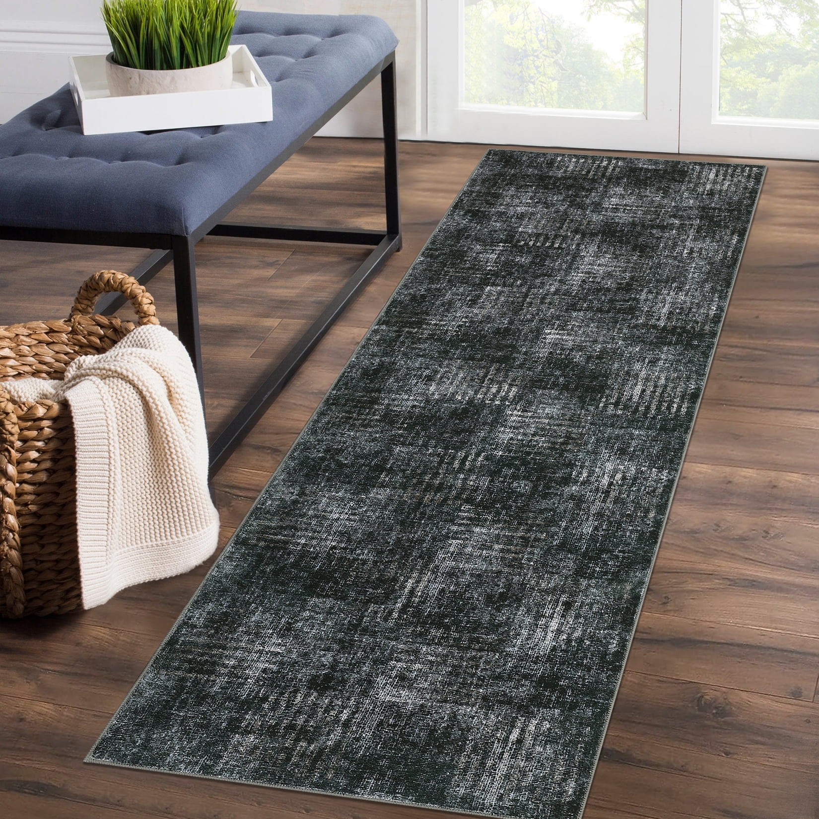 Hasoo Runner Rug 2' x 6' Washable Rugs for Hallway Abstract Geometric Pattern Carpet Modern Rug, Dark Gray