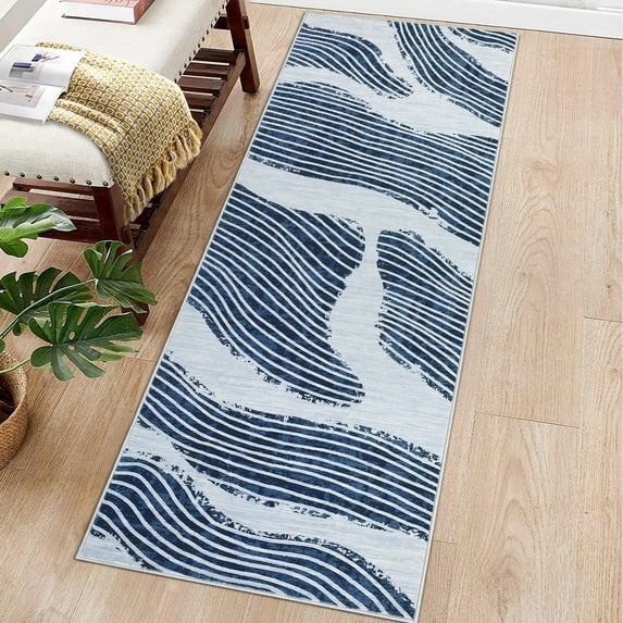 Hasoo Runner Rug 2' x 6' Washable Rugs for Hallway Abstract Geometric Striped Carpet Modern Rug, Blue