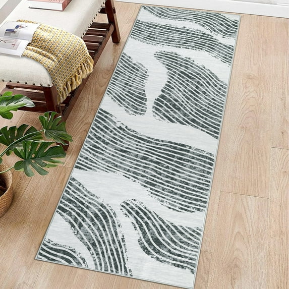 Hasoo Runner Rug 2' x 6' Washable Rugs for Hallway Abstract Geometric Striped Carpet Modern Rug, Gray