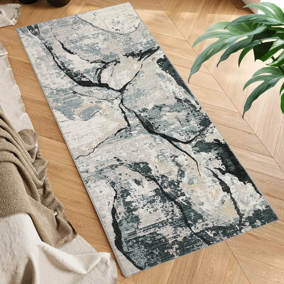 Hasoo Runner Rug 2' x 6' Washable Rugs for Hallway Abstract Marble Carpet Modern Boho Rug, Blue