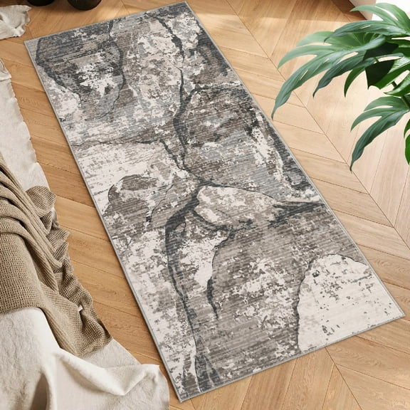 Hasoo Runner Rug 2' x 6' Washable Rugs for Hallway Abstract Marble Carpet Modern Boho Rug, Brown