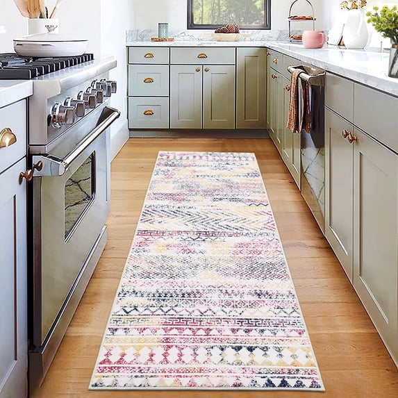 Hasoo Modern Runner Rug 2' x 6' Washable Throw Rugs for Hallway Boho Geometrical Indoor Carpet, Multi-Pink