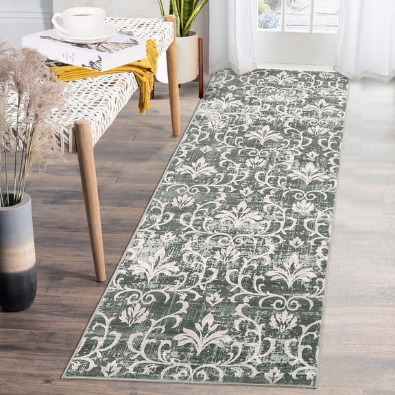 Hasoo Runner Rug 2' x 6' Washable Rugs for Hallway Damask Floral Pattern Carpet Modern Rug, Green
