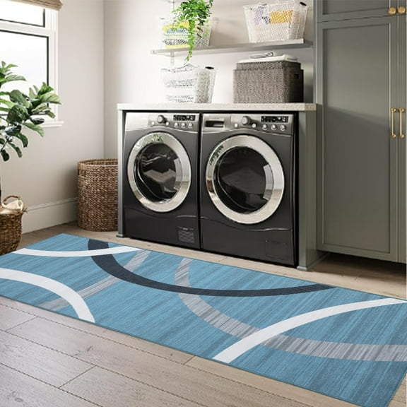 Hasoo Runner Rug 2' x 6' Washable Rugs for Hallway Geometric Line Pattern Carpet Modern Rug, Blue