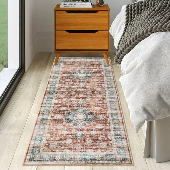 Hasoo Runner Rug 2' x 6' for Bedroom Retro Area Rug for Living Room Medallion Distressed Washable Rug for Hallway Brick Red