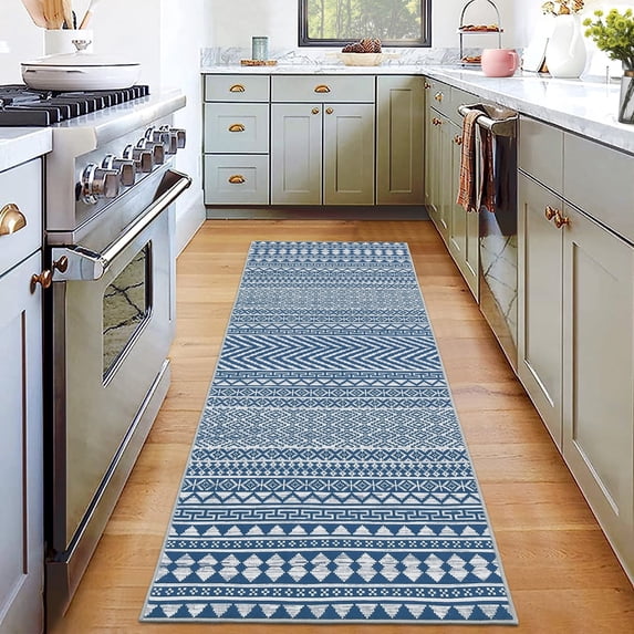 Hasoo Runner Rug 2' x 8' Washable Modern Rugs for Hallway Boho Geometrical Indoor Carpet, Blue