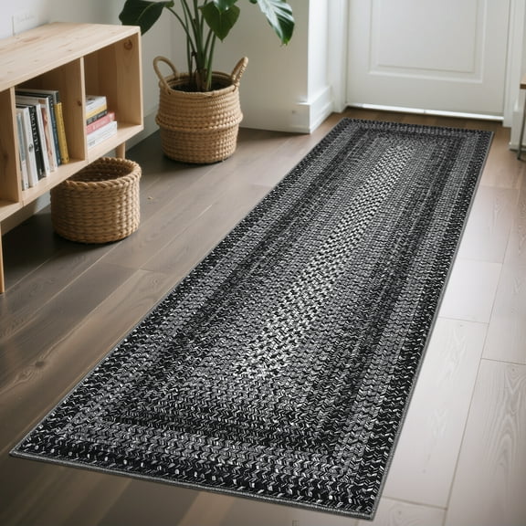 Hasoo Runner Rug 2x10 Non-Slip Washable Low Pile Braided Print for Kitchen Indoor Black/Gray Carpet
