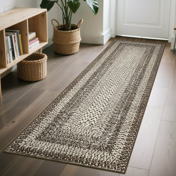 Hasoo Runner Rug 2x10 Non-Slip Washable Low Pile Braided Print for Kitchen Indoor Brown Carpet