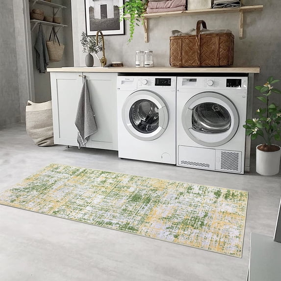 Hasoo Runner Rug 2x6 Abstract Sketch Distressed Rug Machine Washable Hallway Rug, Green