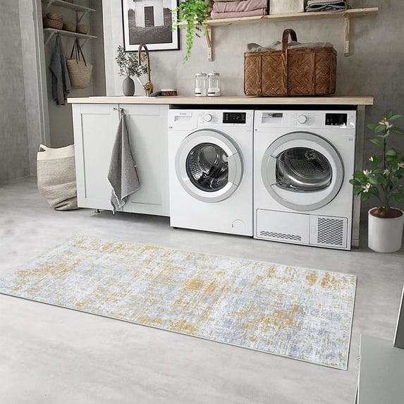 Hasoo Runner Rug 2x6 Abstract Sketch Distressed Rug Machine Washable Hallway Rug, Yellow
