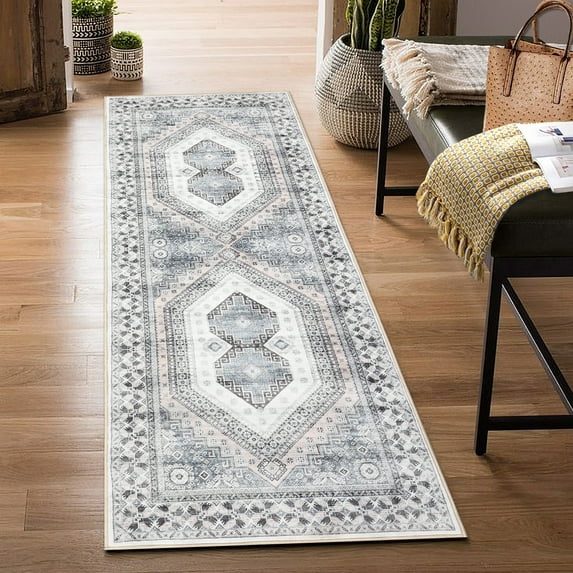 Hasoo Runner Rug 2x6 Distressed Geometric Floral Indoor Washable Rug for Hallway Bohemian Contemporary Rug, Beige Gray