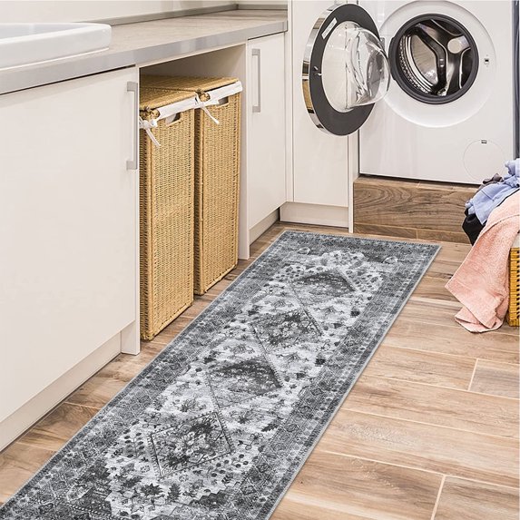 Hasoo Runner Rug 2x6 Distressed Geometric Floral Indoor Washable Rug for Hallway Bohemian Contemporary Rug, Grey