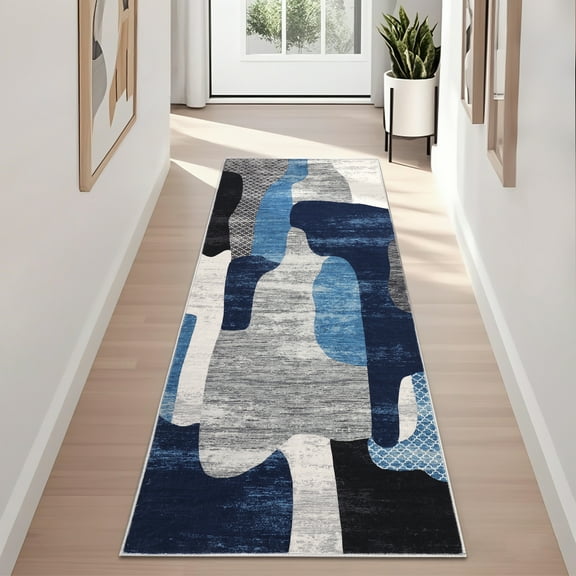 Hasoo Runner Rug 2x6 Non-Slip Washable Low Pile Abstract Print for Kitchen Indoor Blue