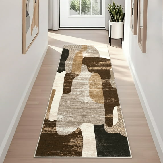 Hasoo Runner Rug 2x6 Non-Slip Washable Low Pile Abstract Print for Kitchen Indoor Brown