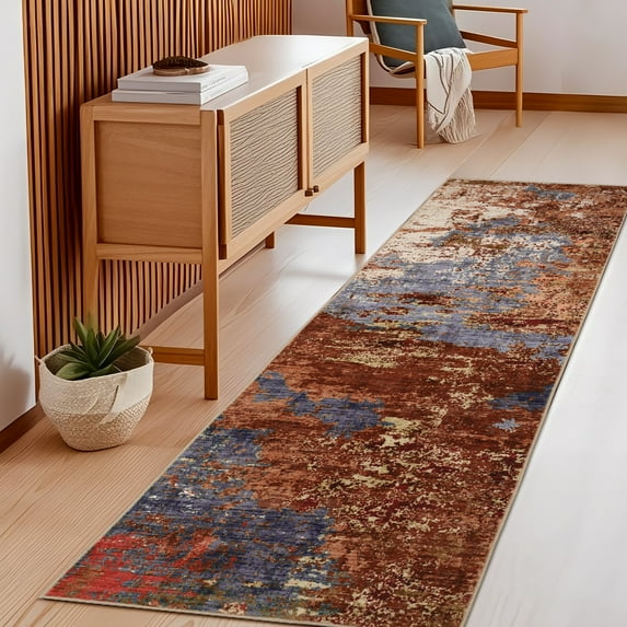 Hasoo Runner Rug 2x6 Non-Slip Washable Low Pile Abstract Print for Kitchen Indoor Red