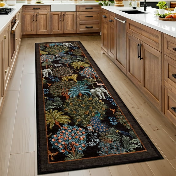 Hasoo Runner Rug 2x6 Non-Slip Washable Low Pile Anmial Print for Kitchen Indoor Black