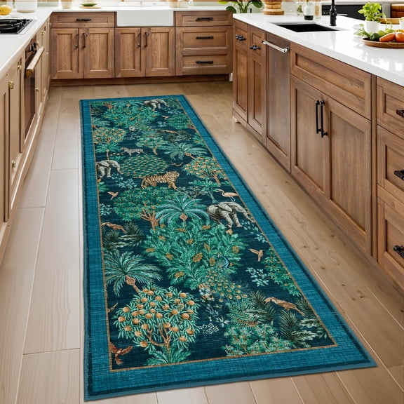 Hasoo Runner Rug 2x6 Non-Slip Washable Low Pile Anmial Print for Kitchen Indoor Blue