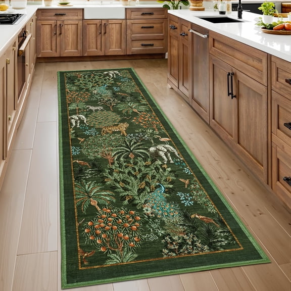 Hasoo Runner Rug 2x6 Non-Slip Washable Low Pile Anmial Print for Kitchen Indoor Dark Green