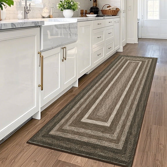 Hasoo Runner Rug 2x6 Non-Slip Washable Low Pile Braided Printed Neutral for Kitchen Indoor Brown