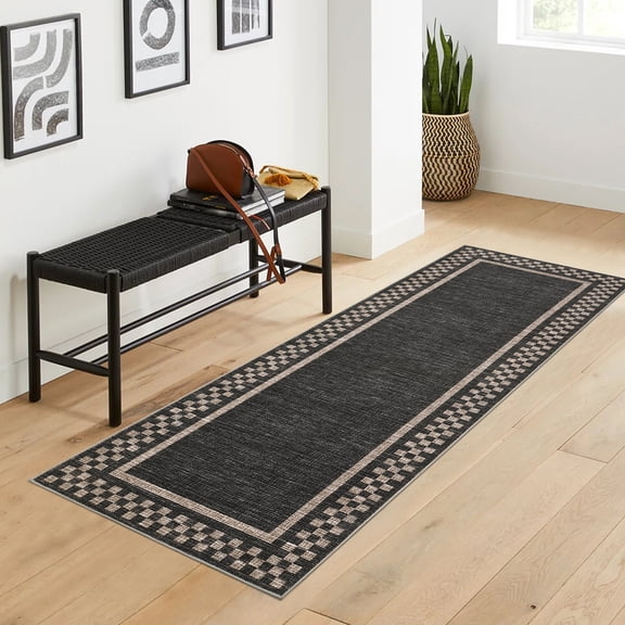 Hasoo Runner Rug 2x6 Non-Slip Washable Low Pile Checkered Bordered Print for Kitchen Indoor Black