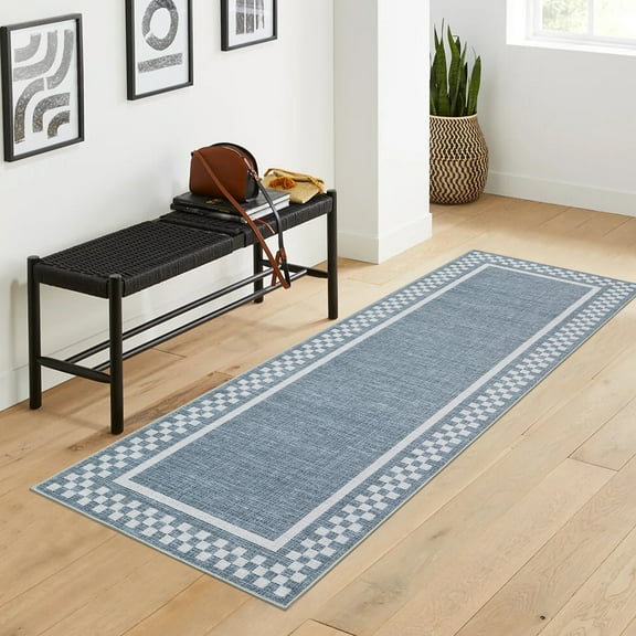 Hasoo Runner Rug 2x6 Non-Slip Washable Low Pile Checkered Bordered Print for Kitchen Indoor Blue