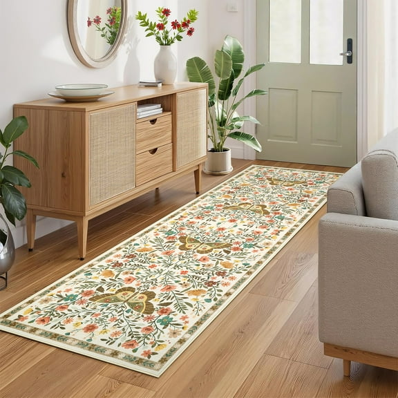 Hasoo Runner Rug 2x6 Non-Slip Washable Low Pile Floral Print for Kitchen Indoor Beige